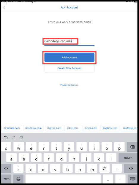 Example User name and "Add Account" button highlighted