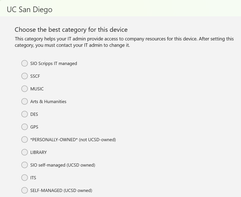 Intune Categories Screenshot of the list of categories to choose from in the Intune Company Portal