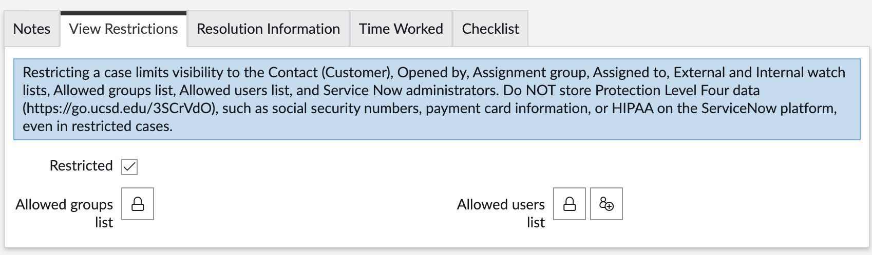 Screenshot that shows the View Restrictions tab in the case view. A condensed info blurb of this article is present, as well as a restricted checkbox, and allowed groups and users list.