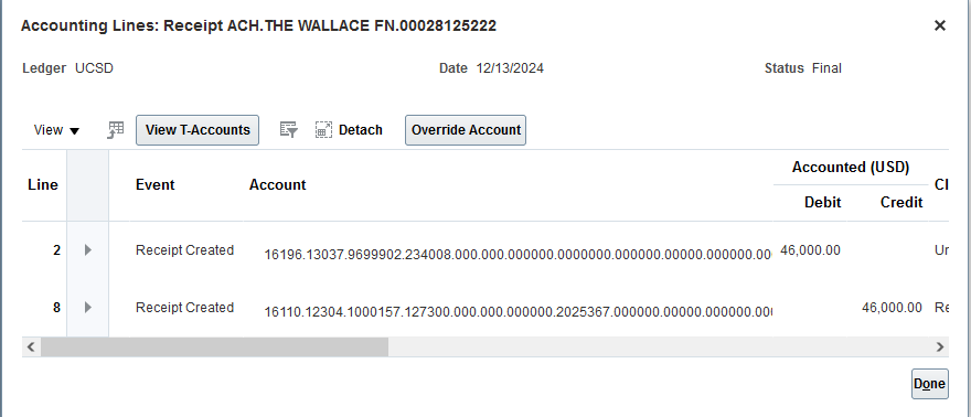 Screenshot of receipt accounting lines displaying a debit and matching credit of $46,000.00 for a ‘Receipt Created’ event.