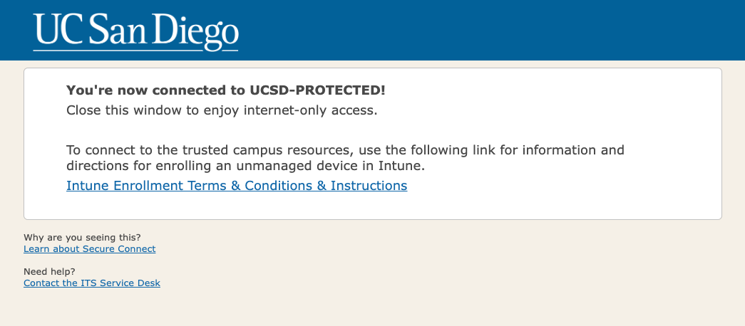 SecureConnect landing page 2 Screenshot of the window with a link called “InTune Enrollment Terms & Conditions & Instructions”