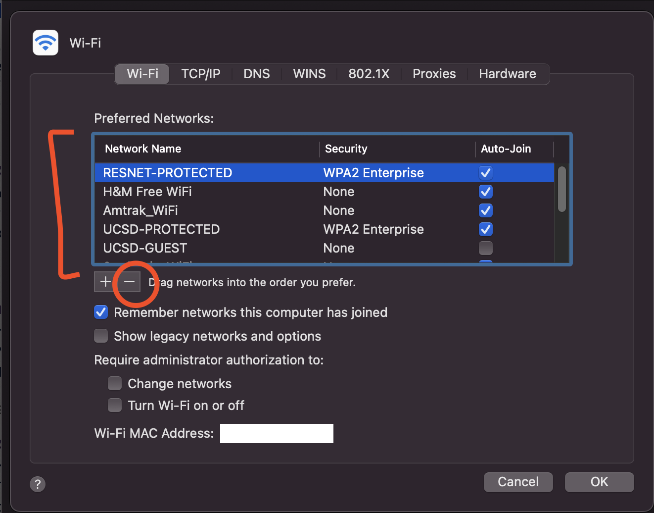 List of wifi networks and the minus button to remove them on the wifi settings before MacOS 13