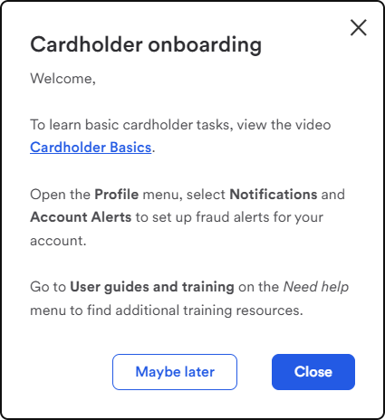 screenshot of Cardholder onboarding pop up