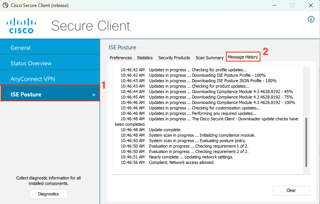 Screenshot of a Windows Cisco Secure VPN Client preferences tab with a red box around the ISE Posture tab and a red 1 next it, as well as a red box around the Message History tab with a red 2 next to it