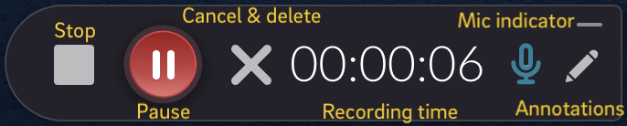 An annotated screenshot of the Kaltura Capture recorder.