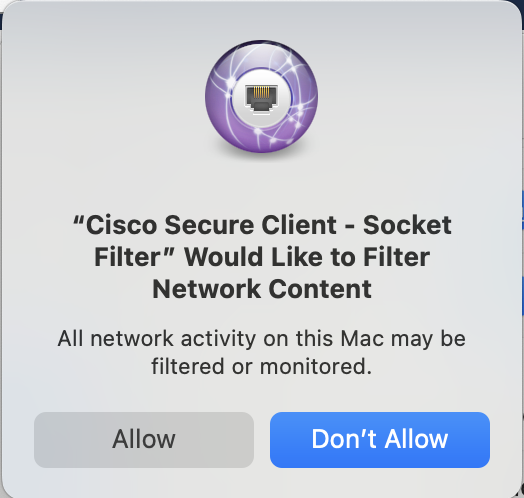 Screenshot of VPN Socket Filter pop-up for filtering network content