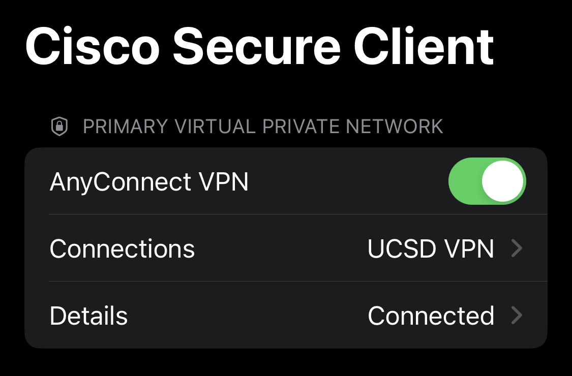 Screenshot:  AnyConnect VPN button to on position (green, to the right)