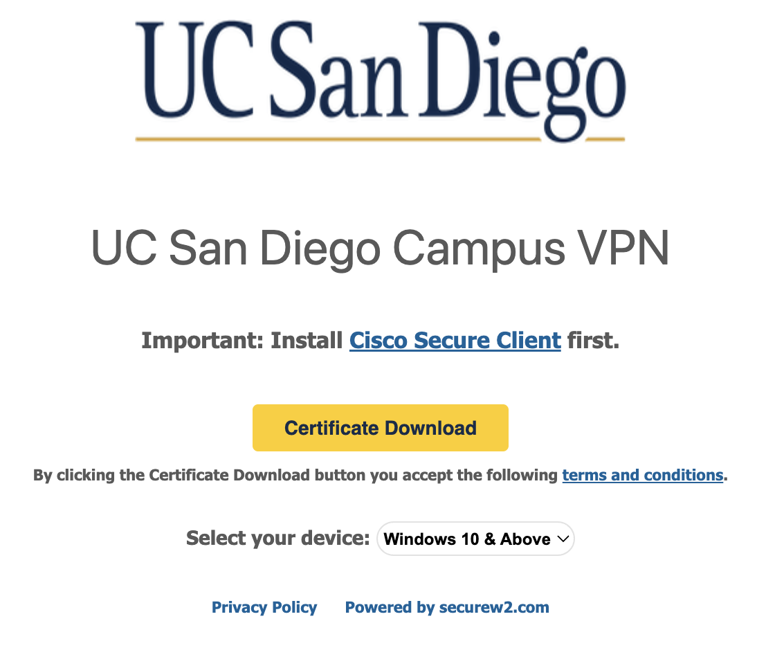Screenshot of the landing page for downloading the Secure W2 certificate on Windows devices with approved exceptions