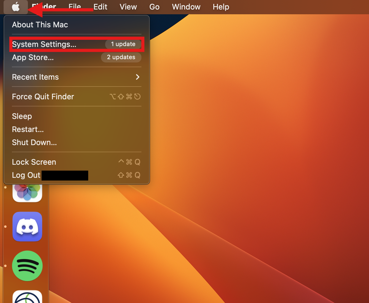 Red arrow pointing at the Apple icon - System Settings is outlined with a red box