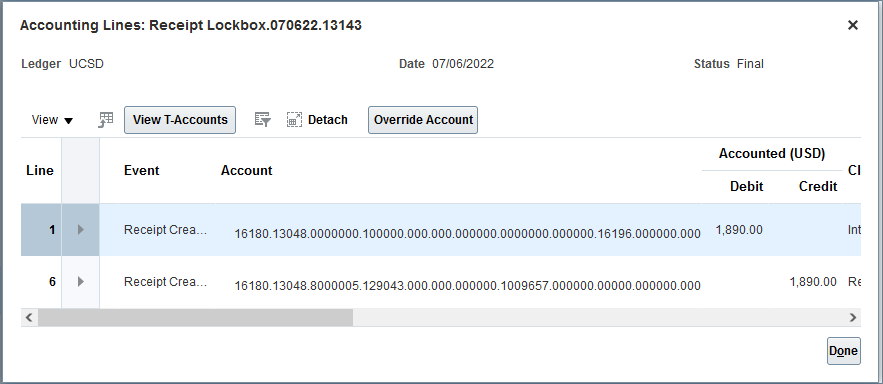 Screenshot of receipt accounting lines showing a debit and corresponding credit of $1,890.00 for a receipt created event.