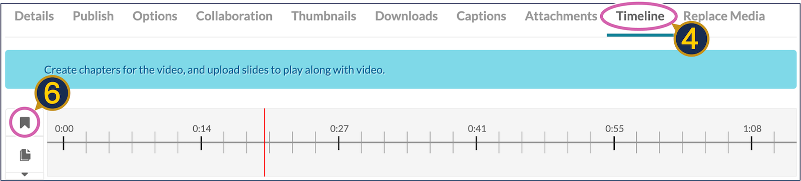 A screenshot of the "timeline" tab, with the word "Timeline" and the bookmark icon circled.