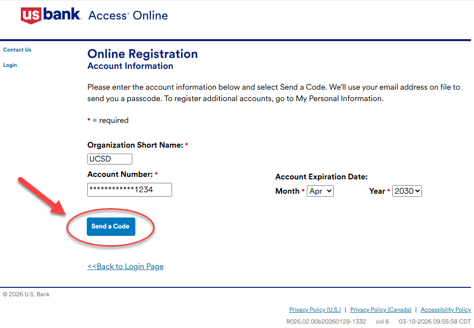 screenshot of a completed example of the online registration page