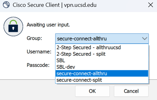 Screenshot of the Cisco VPN Secure Client Tunnel groups with a red box around the secure-connect-allthu and secure-connect-split tunnel groups
