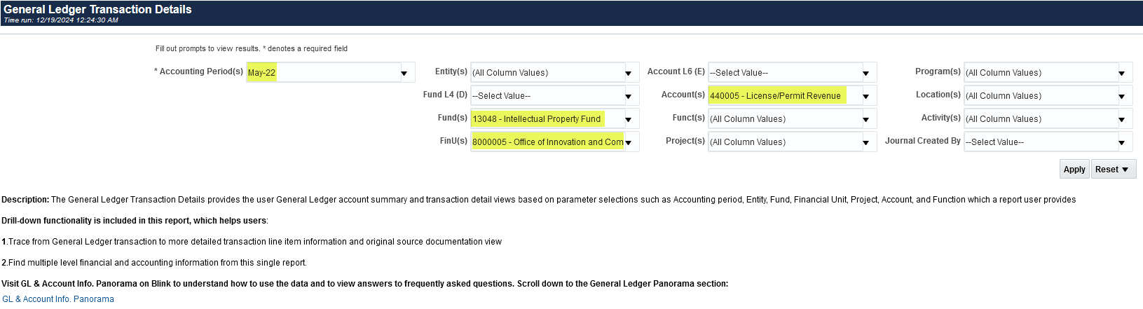 Screenshot of GL Transaction Details filters with May‑22 period and highlighted fund, financial unit, and account selections.
