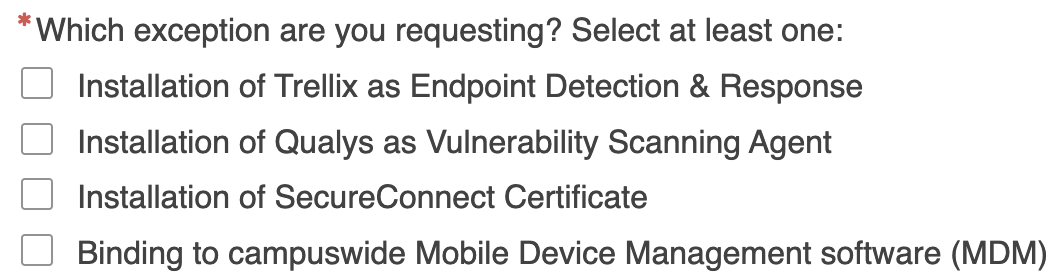 Screenshot of the question asking about which exception you are requesting along with the selectable options