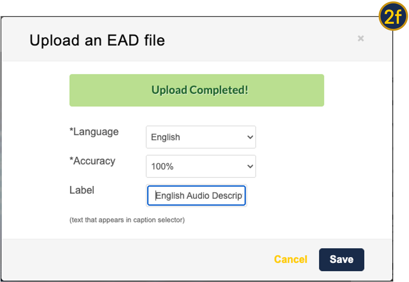 A screenshot of the options presented when uploading an extended audio description.