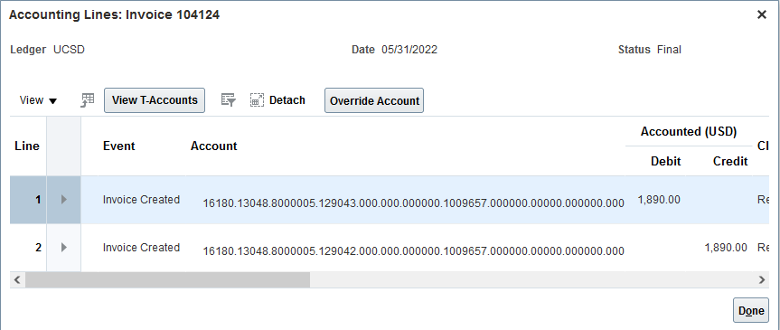 Screenshot of Accounting Lines for Invoice 104124 showing a debit and credit of $1,890.00 for an invoice created event.