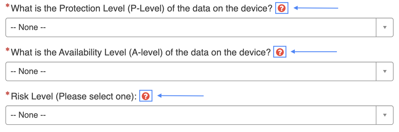 Screenshot of P-Level, A-Level, and Risk Level fields with blue arrows pointing to the red question marks at the end of each of these questions