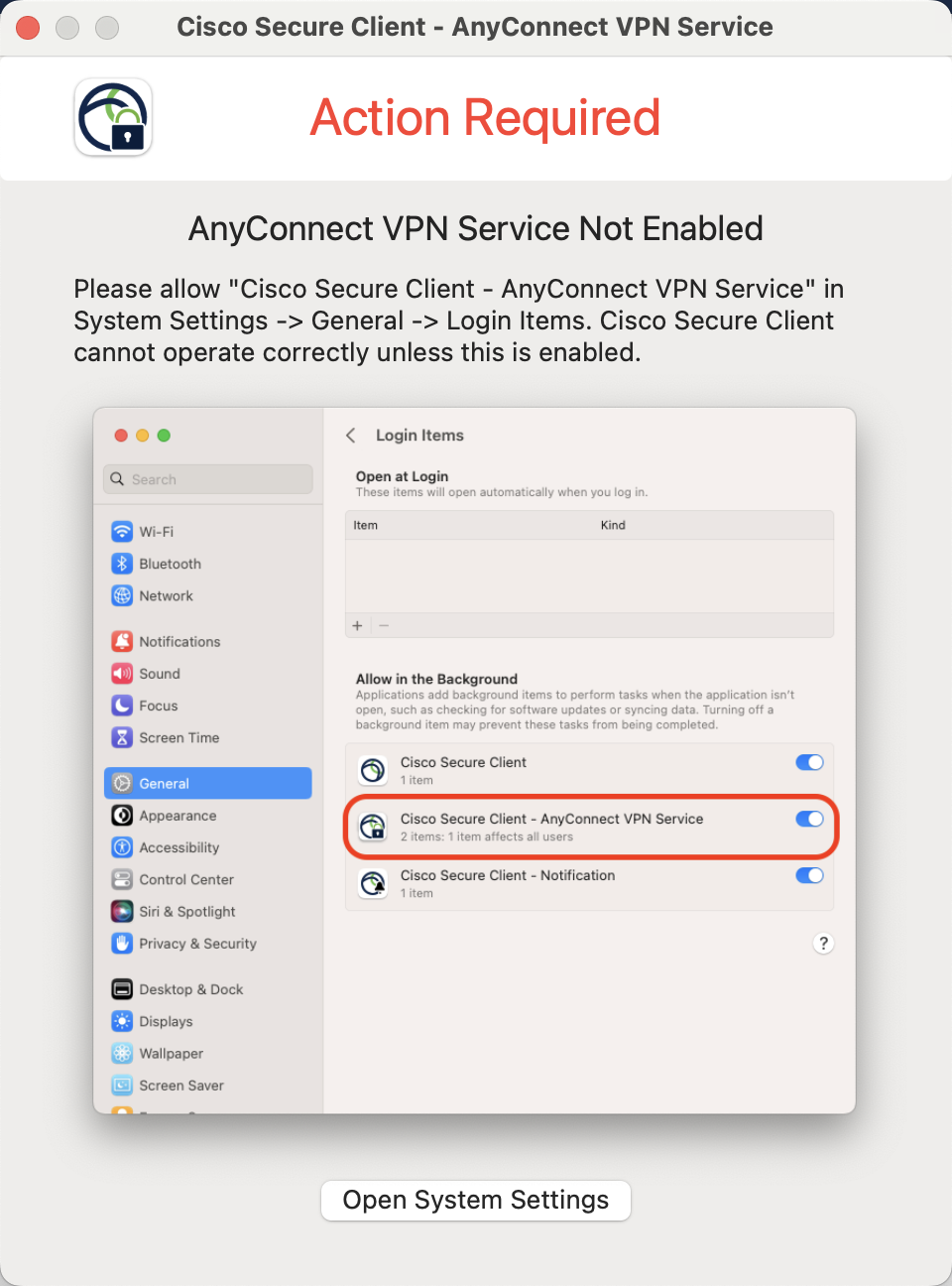 Screenshot of VPN Action Required pop-up for VPN service not being enabled on Mac