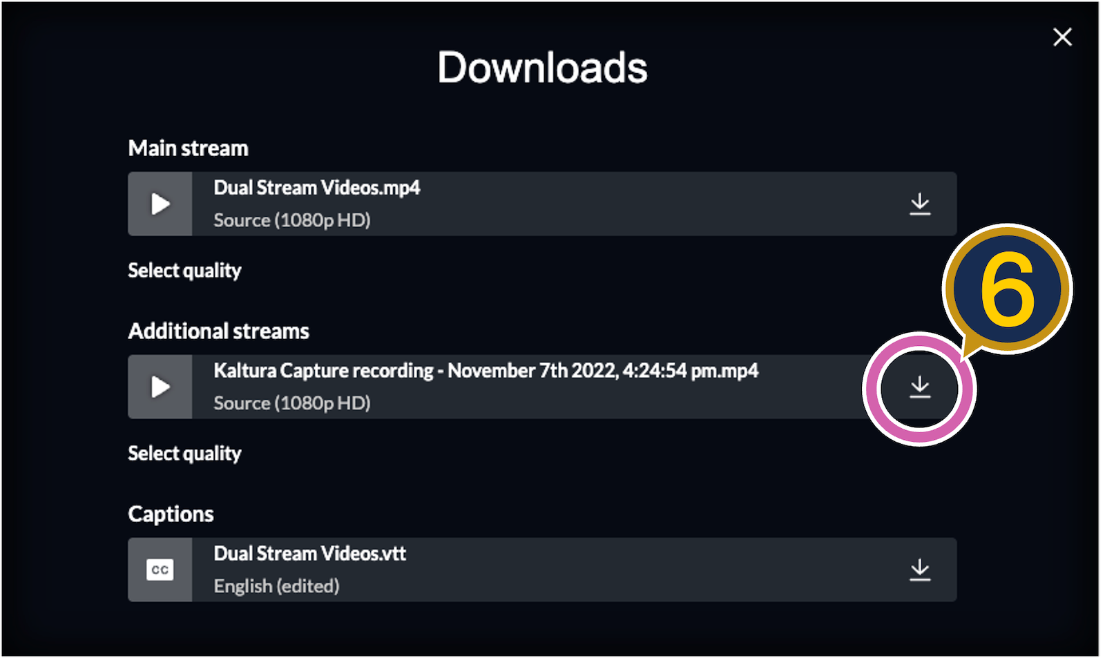 The Kaltura Downloads window, with sections for Main stream, Additional streams, and Captions. A step 6 marker points to the download button for the file under Additional streams.