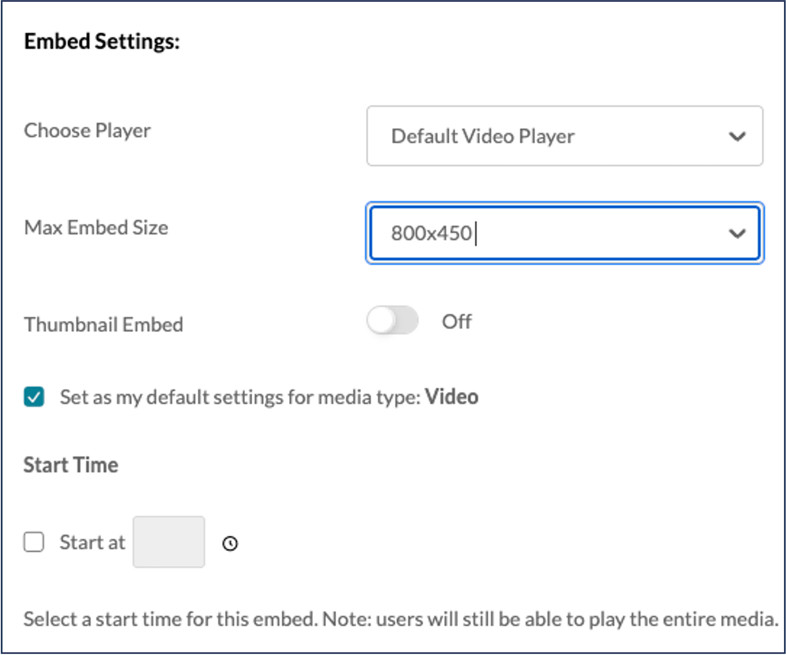 A screenshot of Kaltura embed settings within Canvas.