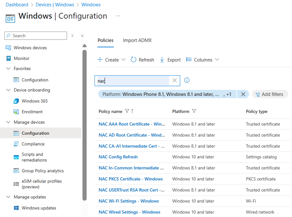 Screenshot of Windows Configuration for deployment on Intune Admin