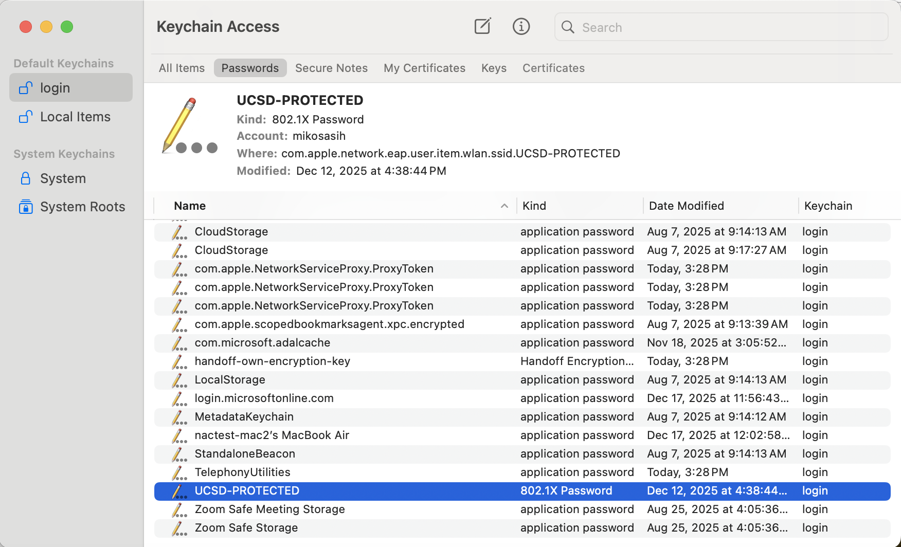 Macbook Keychain Access Screenshot of a Macbook Keychain Access with "login" and "Passwords" selected and the "UCSD-PROTECTED" login selected