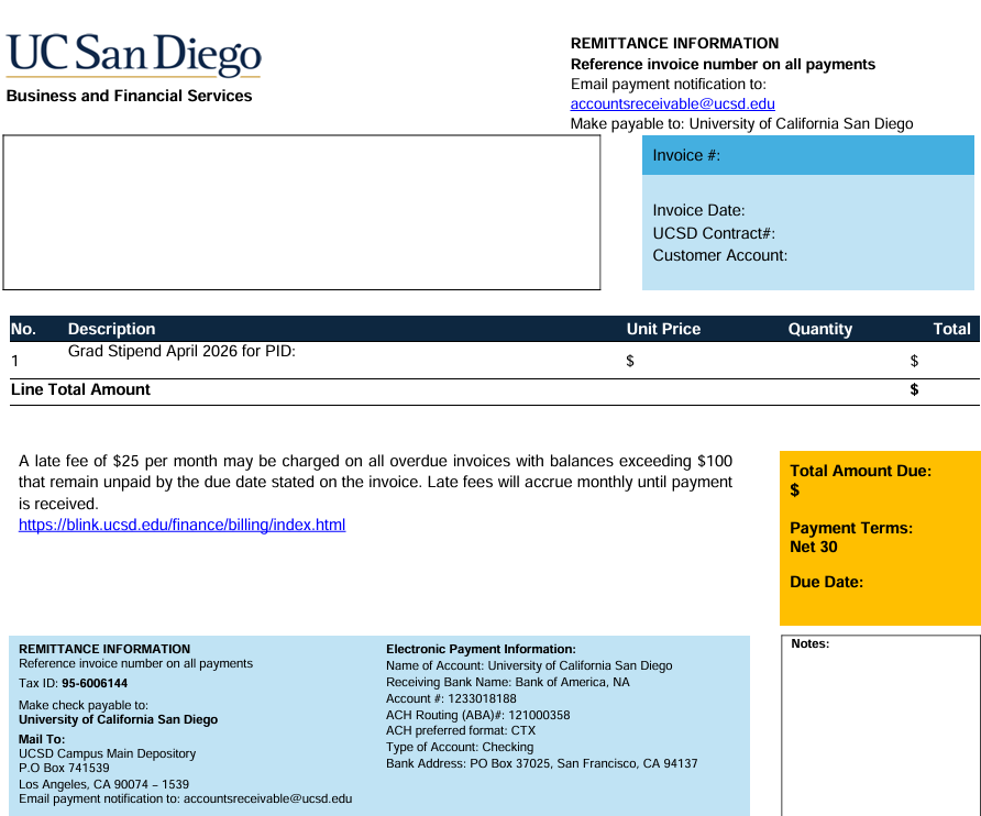 Sample UC San Diego AR invoice showing invoice number, itemized stipend amount owed, due date, late fee terms, and remittance information