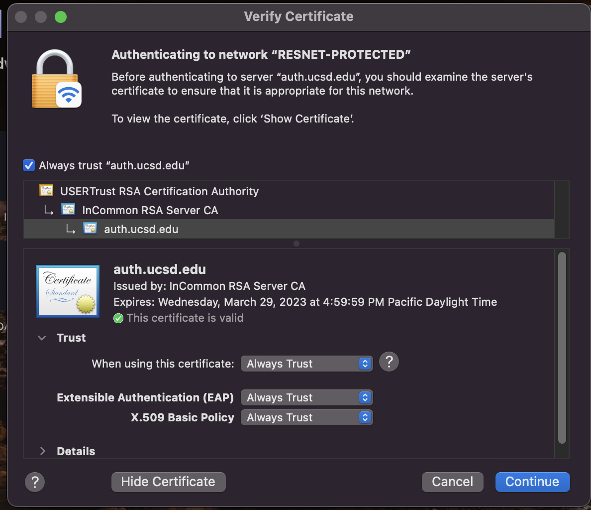 Trust certificate settings for auth.ucsd.edu 