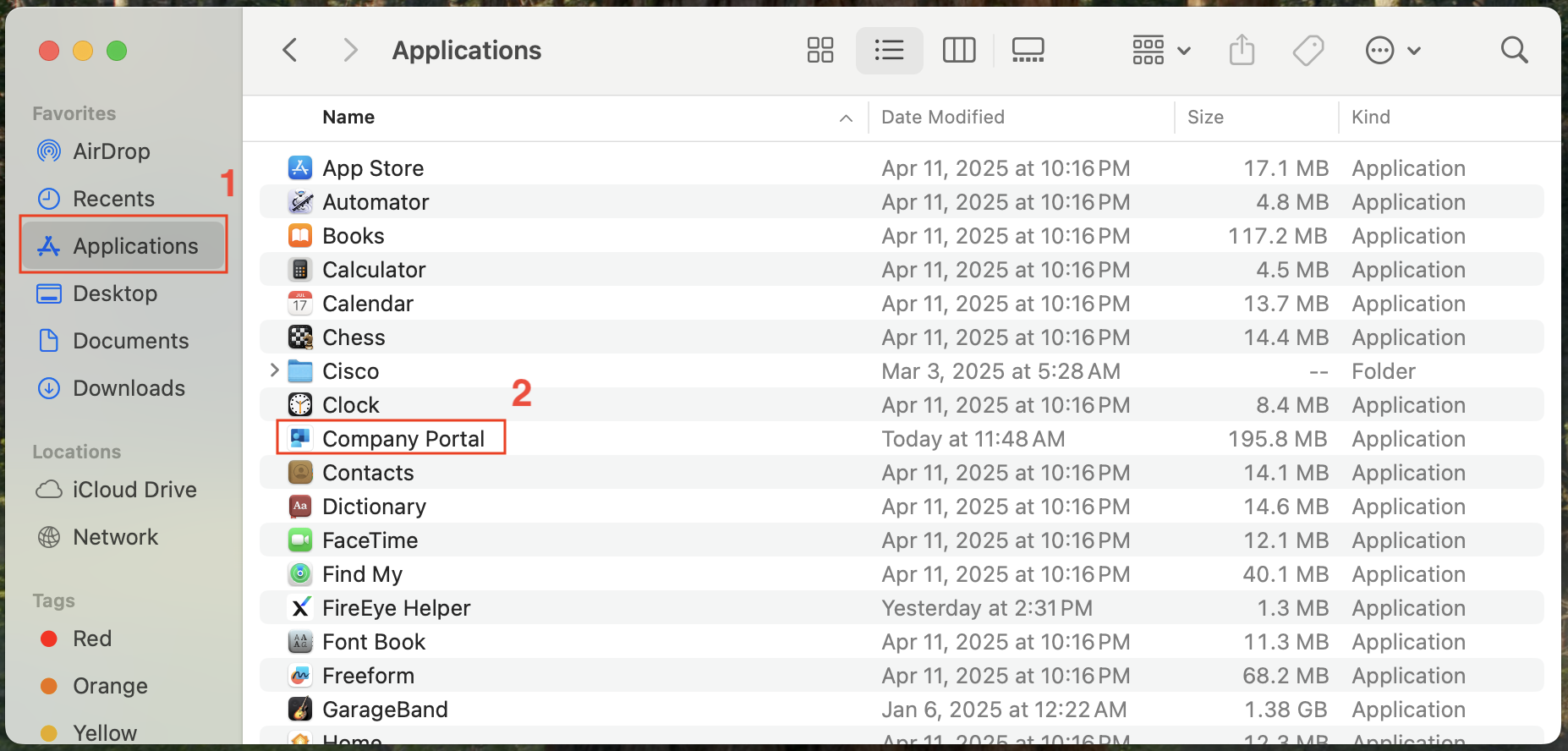 Screenshot of the applications window with the Company Portal boxed in red
