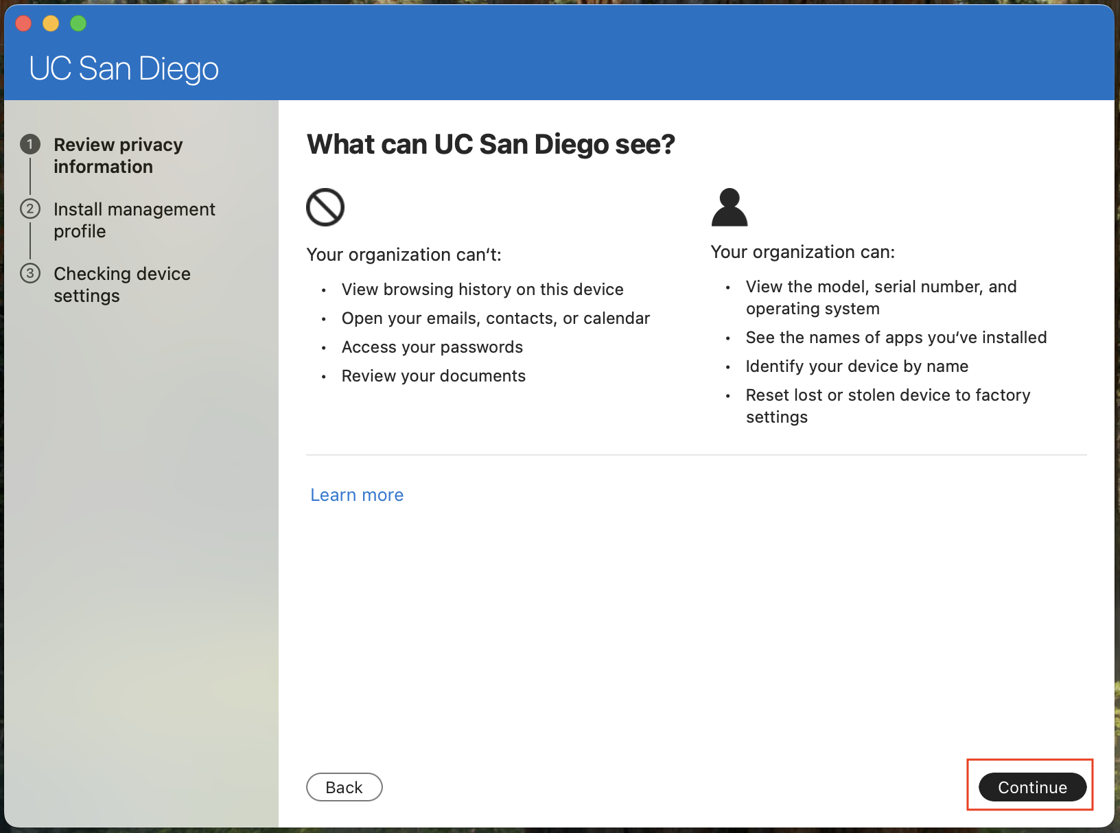 Screenshot of the window showing "What can UC San Diego see?" with the "continue" button boxed in red