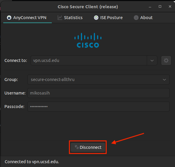Screenshot of Linux Cisco VPN Client with a red box around the "Disconnect" button and a red arrow pointing to it