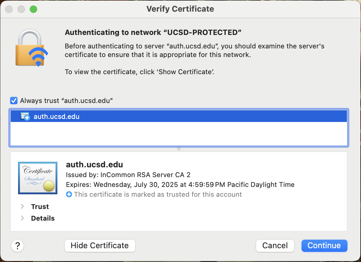 List of certificates on Mac device Screenshot of the certificate "auth.ucsd.edu" within the certificate pop-up