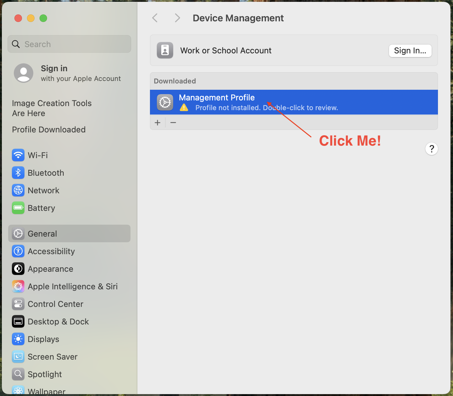 Screenshot of "Device Management" window with an arrow pointing to the "Management Profile" annotated with the words "Click Me!"