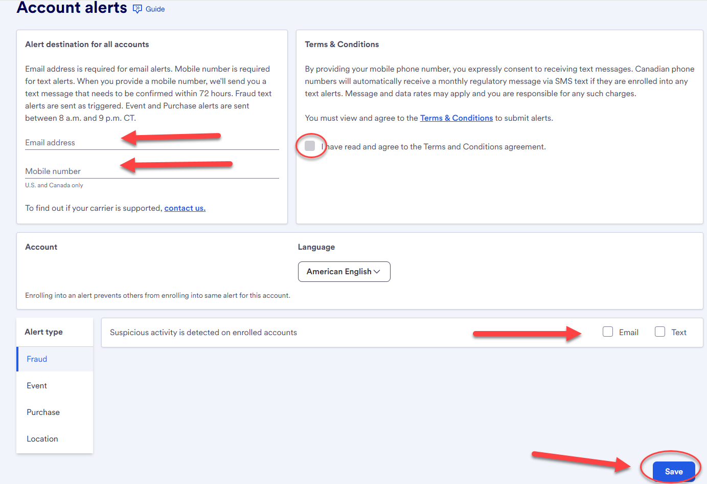 screenshot of Account Alerts page in the Access Online profile