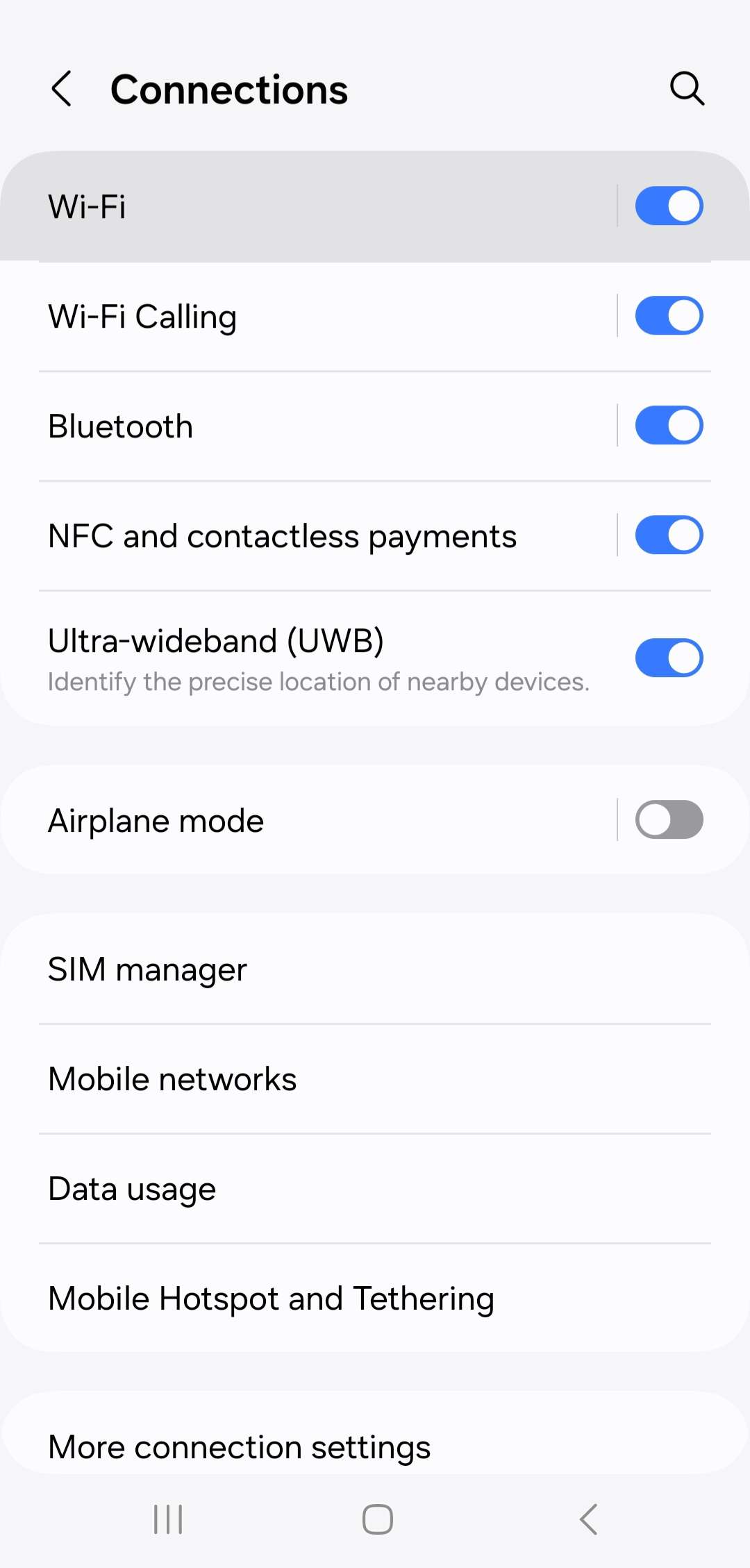screenshot of the Connections menu with Wi-Fi highlighted