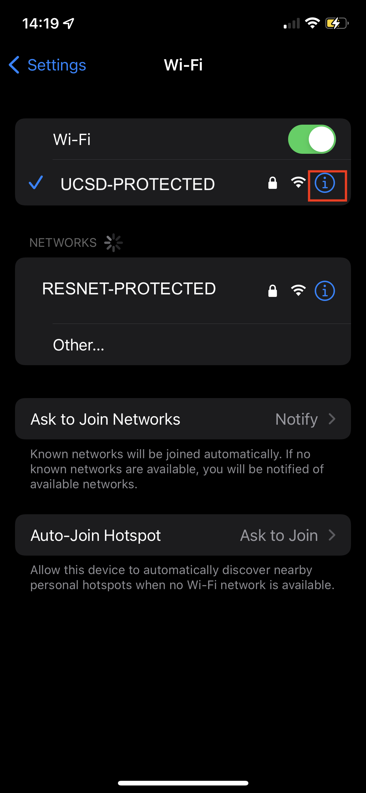 Screenshot: Blue options icon next to network name