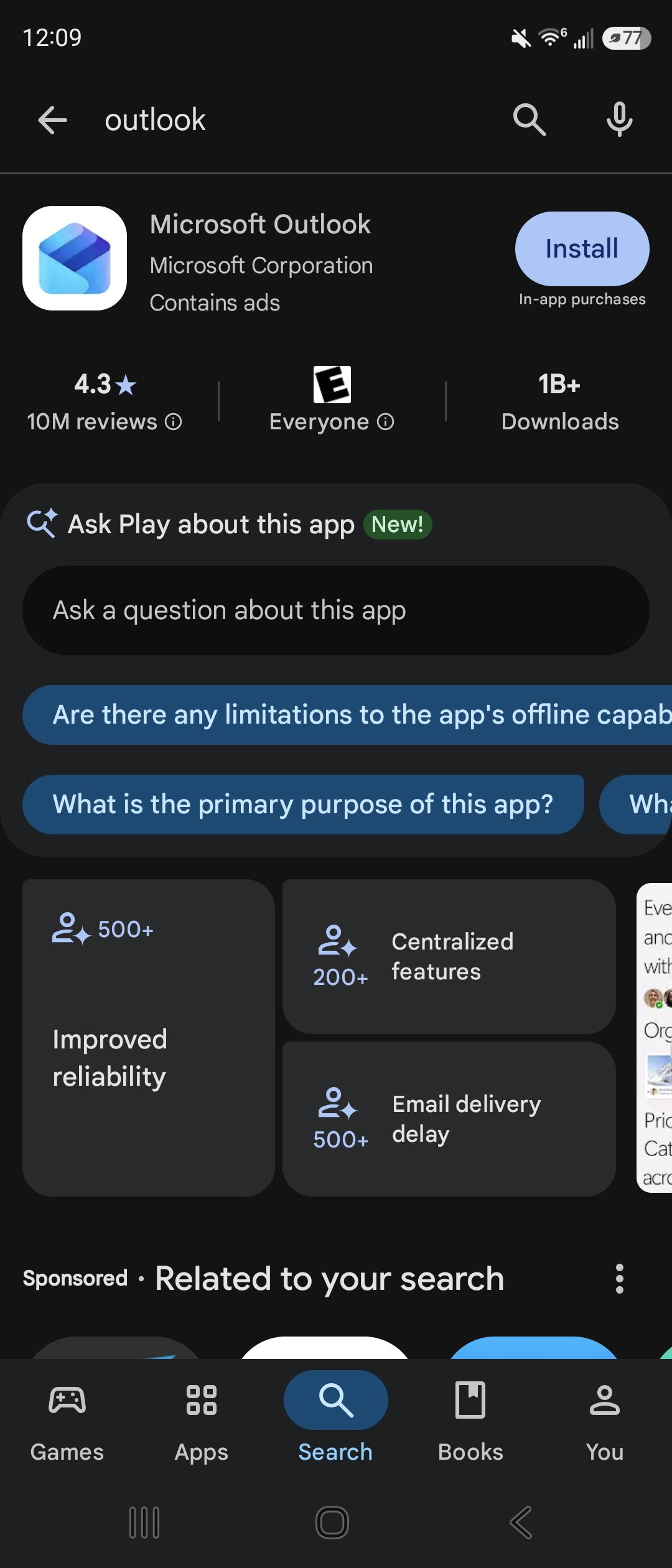 "Microsoft Outlook" on the Google Play Store before install, with blue "Install" button