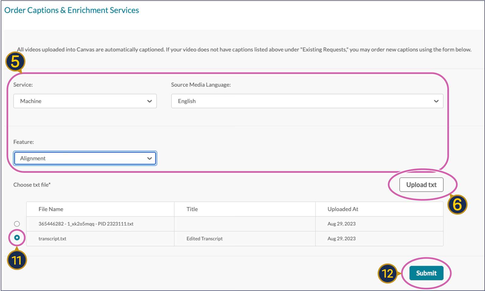 A screenshot of the "Order Captions & Enrichment Services" window, highlighting the buttons and menus involved in steps 5, 6, 11, and 12.