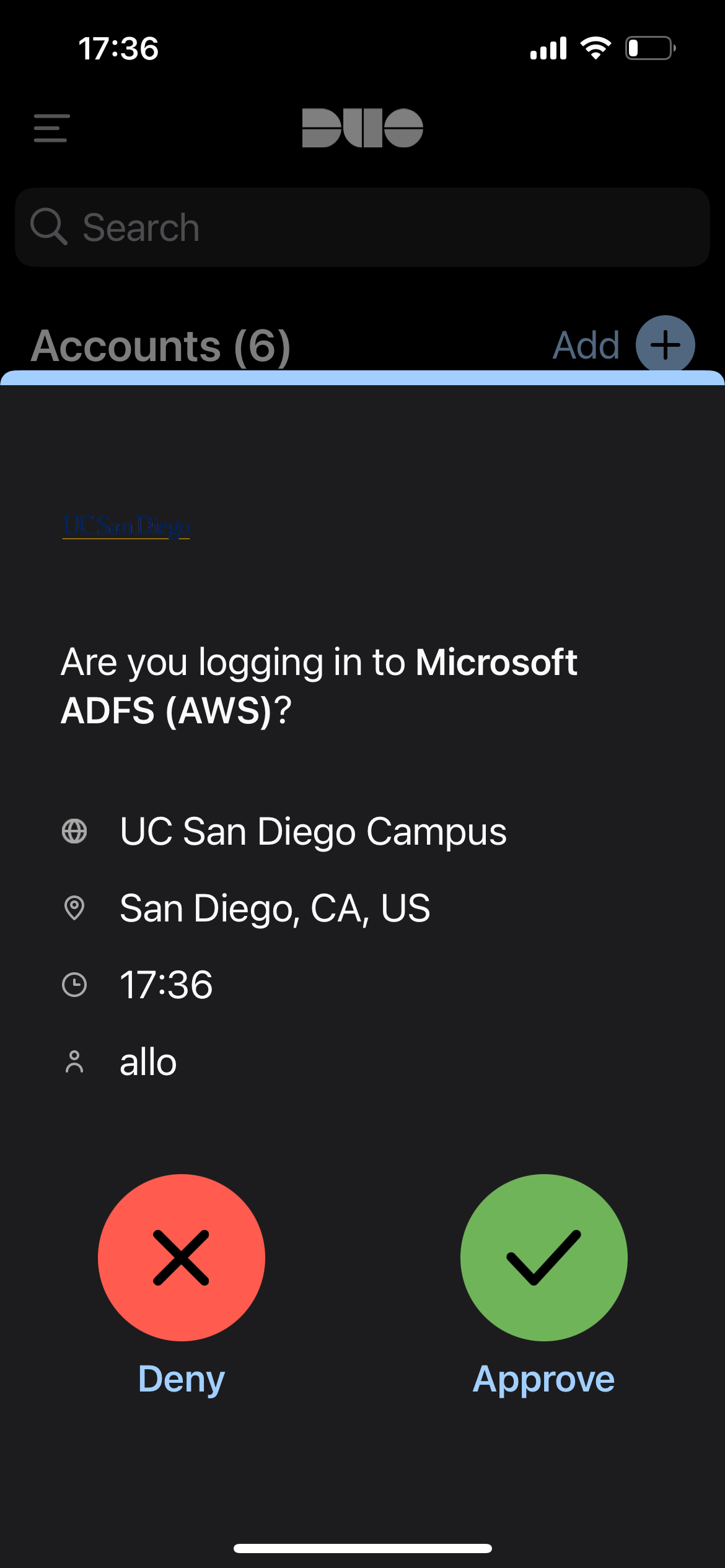 DUO Push prompt from the DUO Mobile App