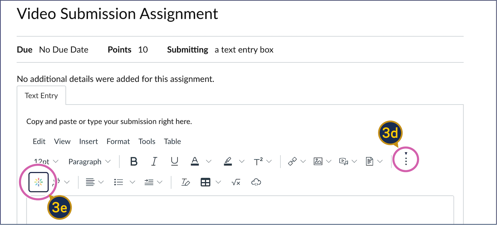 A screenshot of the rich content editor within an assignment, with the kebab (three dots) and the "embed Kaltura media" icons circled.