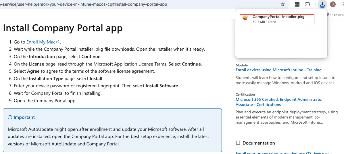 Screenshot of company portal installer .pkg file downloading on the top of browser