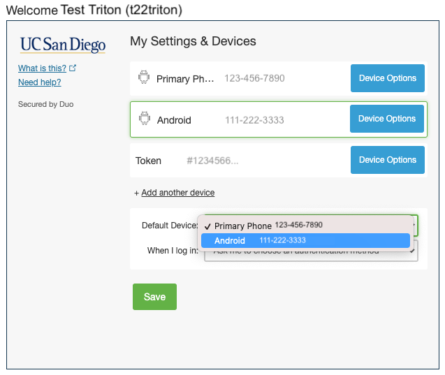 Screenshot: Changing Default Device via dropdown Menu