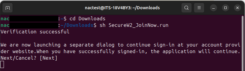 Screenshot of terminal application running "SecureW2_JoinNow.run" and confirmation request to proceed with signing into a UCSD account