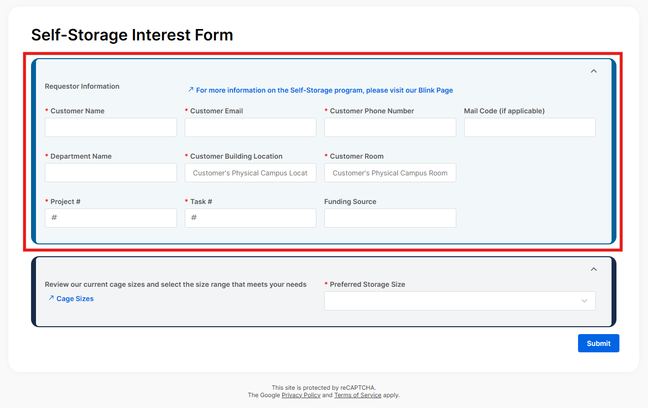 A screenshot of the self storage interest form with a red box around the Requestor Information section.