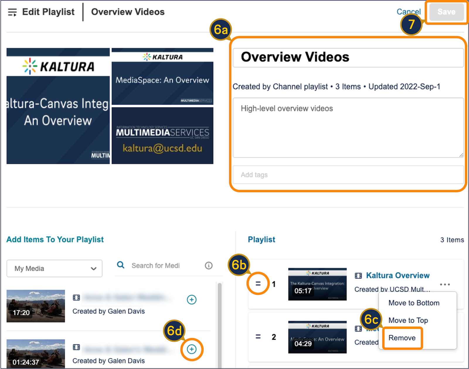 The Kaltura playlist editor, showing a search panel on the left for finding media to add, and the current playlist contents on the right.