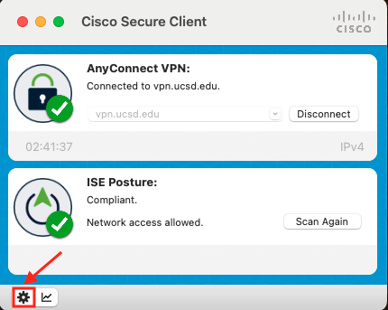 Screenshot of Windows Cisco Secure VPN Client with a red box around the Preferences icon and a red arrow pointing to it 