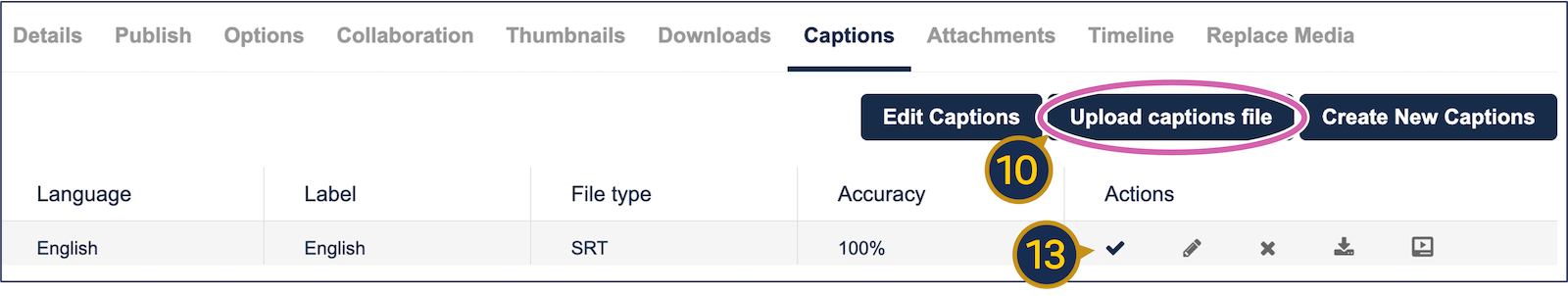 A screenshot of the "captions" tab highlighting the "upload captions" button as well as the checkmark icon (which sets the caption as the default caption).