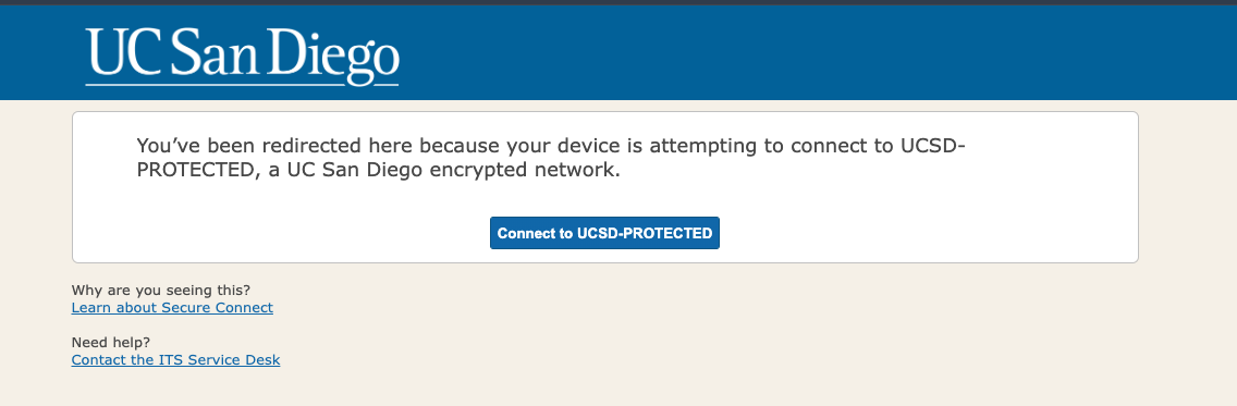Screenshot of the pop-up received when connecting to UCSD-Protected on a device that is under Secure Connect NAC enforcement