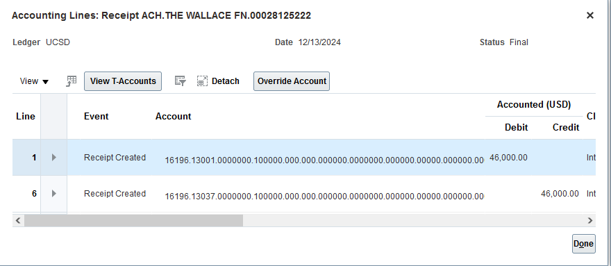Screenshot of Accounting Lines for a receipt showing a debit and matching credit of $46,000.00 for the ‘Receipt Created’ event.